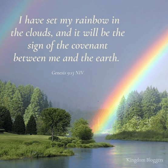 A scenic landscape featuring a rainbow in the clouds, with trees and a river. The image includes a quote from Genesis 9:13.