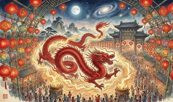 A vibrant illustration of a red dragon surrounded by fiery flames, soaring above a crowd celebrating under a canopy of lanterns, with mountains and a galaxy visible in the background.