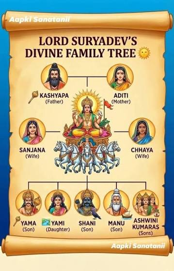A illustrated family tree of Lord Suryadev, showing his lineage with Kashyapa as the father, Aditi as the mother, and his wives Sanjana and Chhaya. It includes his children: Yama, Yami, Shani, Manu, and the Ashwini Kumaras.