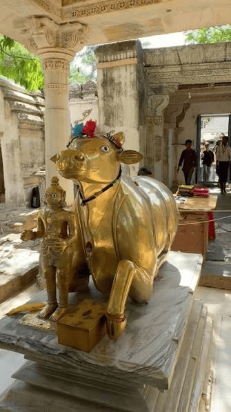 A golden statue of a cow adorned with flowers and jewelry, sitting next to a small statue of a figure, placed on a marble platform in a temple setting.