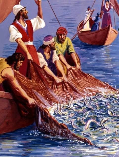 A group of fishermen pulling in a large net filled with fish, with boats in the background and figures in period clothing.