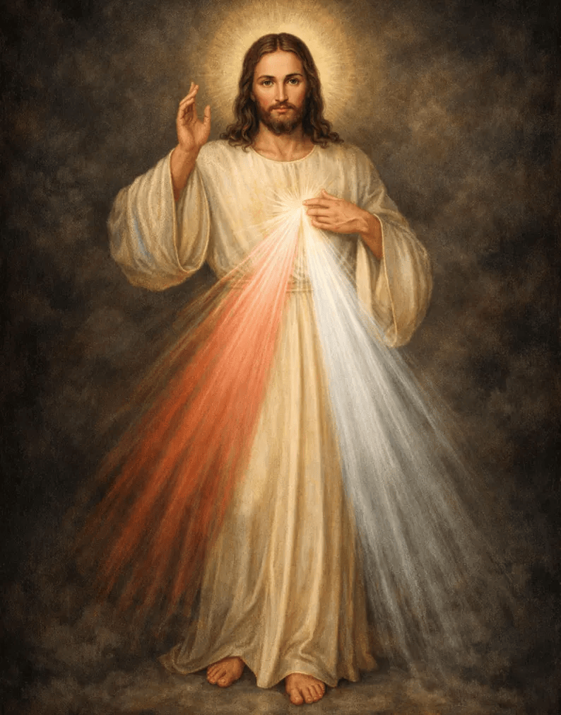 A religious figure with long hair and a beard, dressed in a white robe, standing with one hand raised and the other over his heart, emanating rays of light in red and white against a dark background.