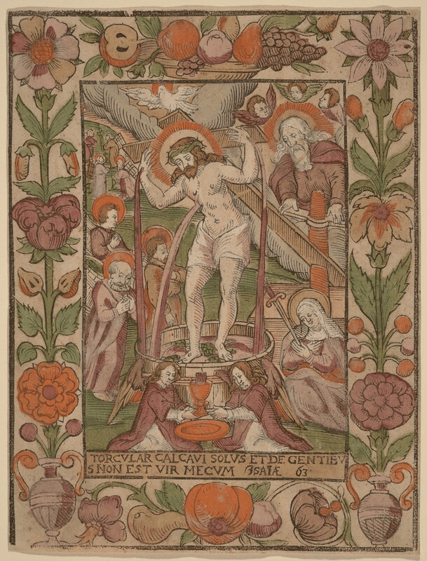 Religious depiction of Christ crucified, surrounded by figures including angels and saints, with a decorative floral border.