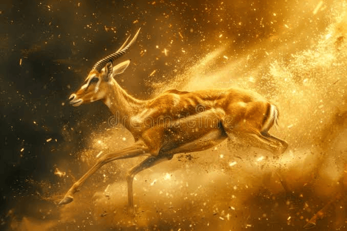 A gazelle running gracefully through a golden, swirling atmosphere with particles of dust and light.