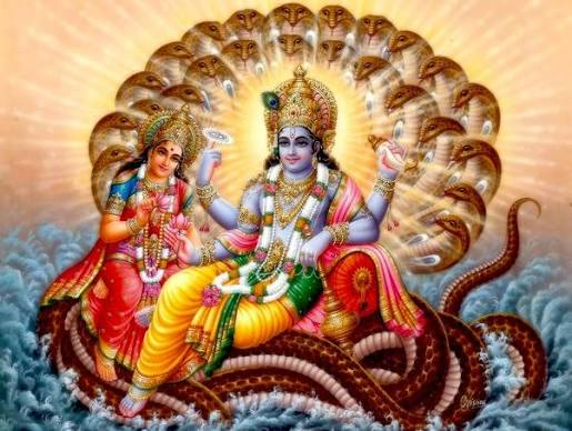 A colorful depiction of the Hindu deity Vishnu seated on a serpent with his consort Lakshmi, surrounded by a backdrop of radiant light and waves.