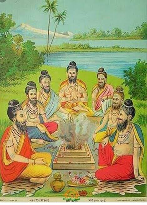 A colorful illustration depicting seven sages seated in a circle around a sacred fire in a serene natural setting, with a river and mountains in the background.