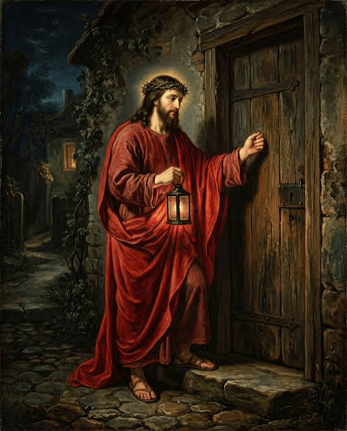 A painting of a man in a red robe with a crown, holding a lantern and knocking on a wooden door at night, surrounded by a dimly lit village.