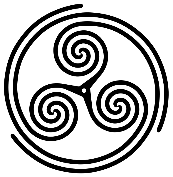 Abstract black and white design featuring a circular pattern with three spirals connected by a central point.
