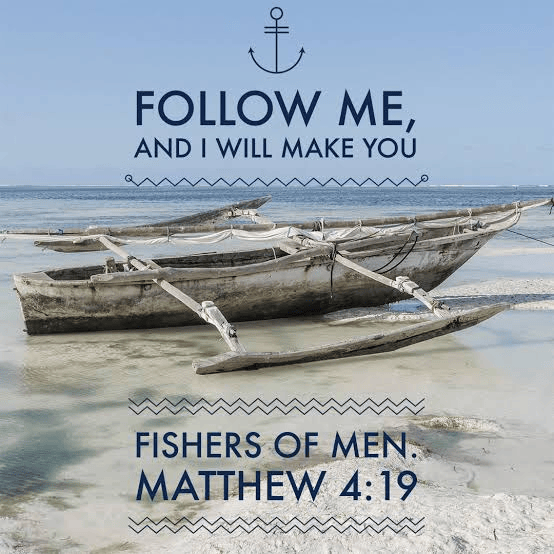A rustic fishing boat on a calm shore with the text 'Follow me, and I will make you fishers of men. Matthew 4:19' overlaying the image.