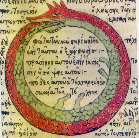 An illustration of an ouroboros, a serpent or dragon eating its own tail, depicted in red and green, surrounded by ancient Greek text.