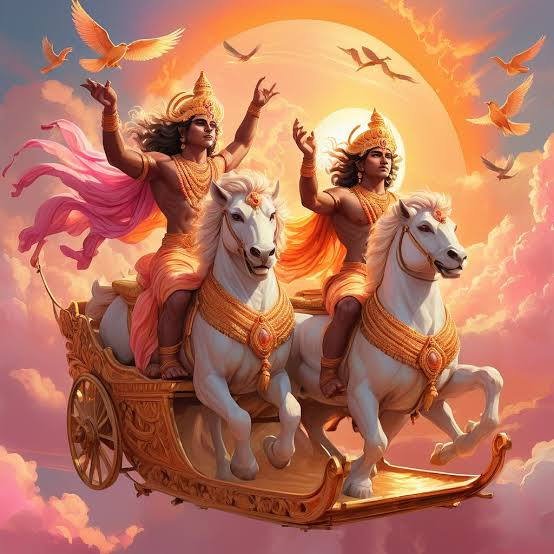 Two mythical figures in ornate attire riding a golden chariot pulled by white horses, surrounded by clouds and birds, with a radiant sun in the background.