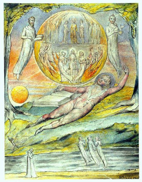 A fantastical scene depicting a central figure floating above a landscape, surrounded by ethereal beings and a glowing orb with silhouettes of figures. The setting includes a river and a sun, with elements indicating a dreamlike or spiritual theme.