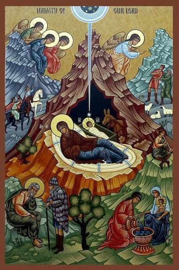 Religious icon depicting the Nativity of Jesus, featuring angels, shepherds, and the Holy Family in a mountainous setting.