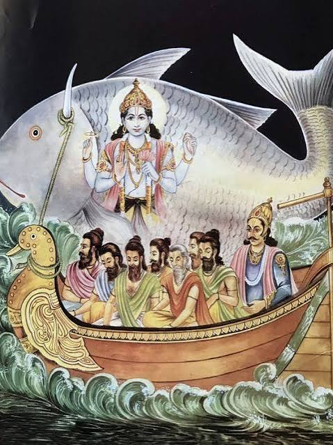 A depiction of the Hindu god Vishnu, portrayed with a fish, guiding a group of sages in a boat amidst turbulent waves.