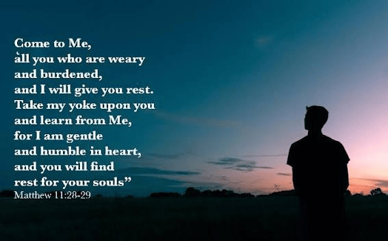 Silhouette of a person standing in a field during sunset, with text from Matthew 11:28-29 about seeking rest and comfort.