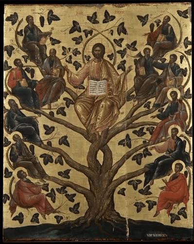 An icon depicting Jesus seated at the center of a tree, surrounded by thirteen apostles, each holding a book and positioned on various branches, with butterflies scattered throughout the background.
